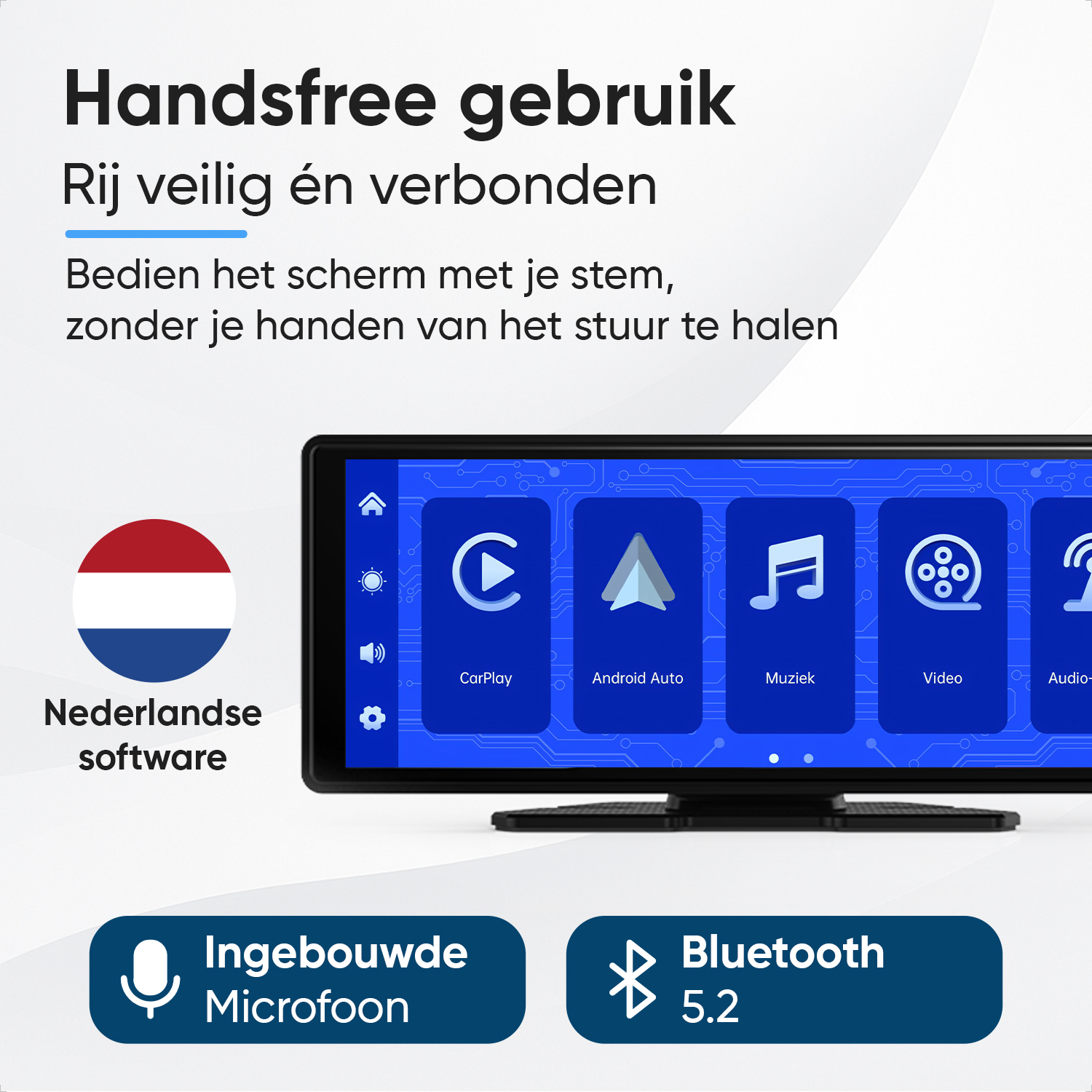 A car stereo with Dutch software, Bluetooth 5.2, and a microphone.