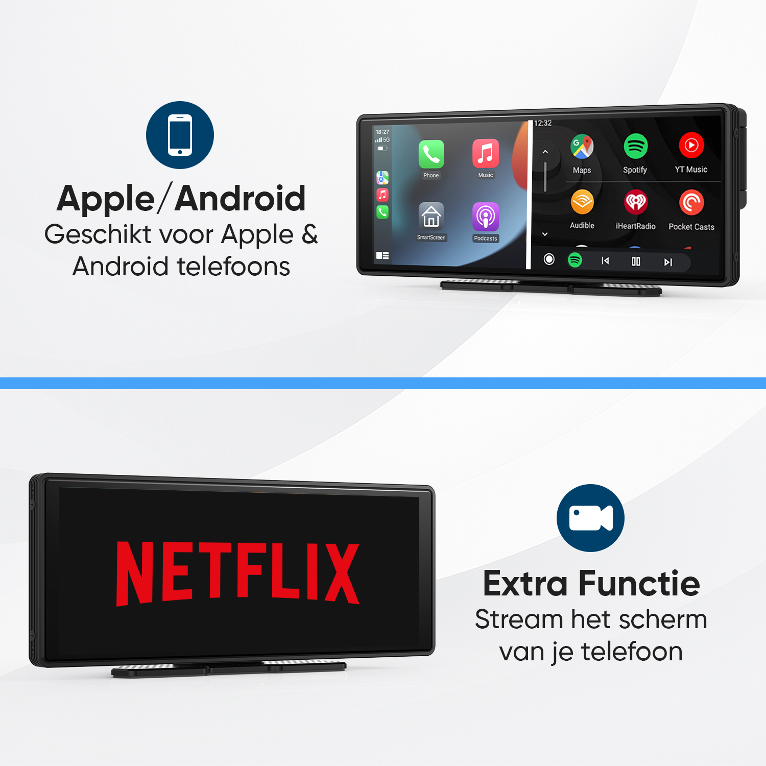 Two screens: one with Apple/Android icon and text, the other showing apps.