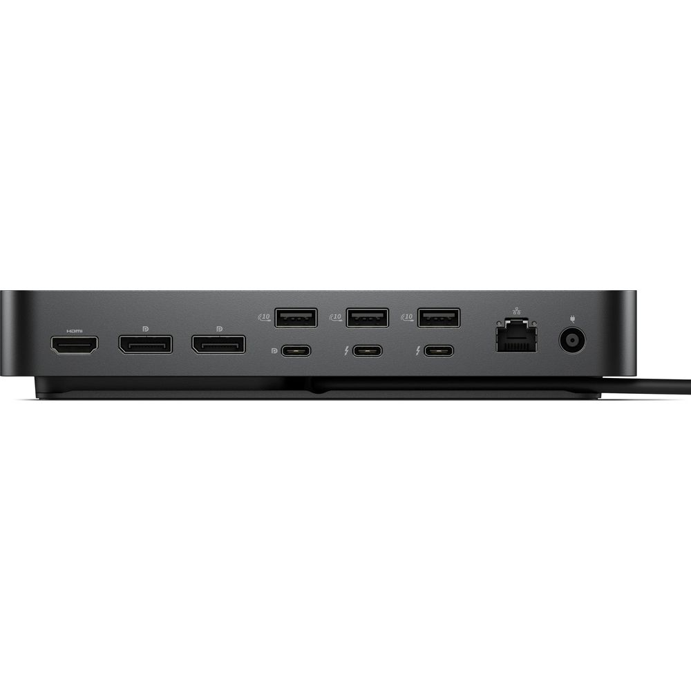 Schwarze Dockingstation mit HDMI, SD-Kartensteckplätzen, USB-C, USB-A-Anschlüssen, Ethernet und Ein/Aus-Schalter.