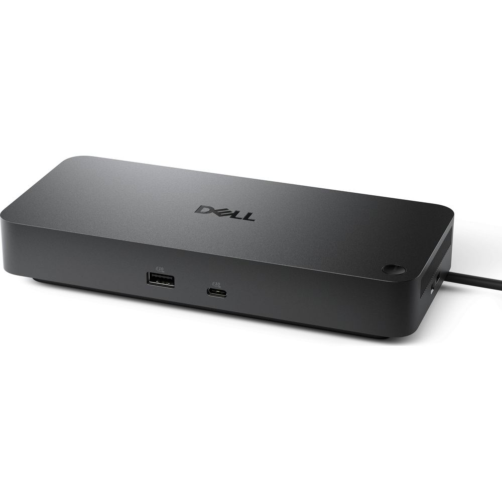 Schwarzer Dell Dockingstation mit USB- und USB-C-Anschlüssen auf weißem Hintergrund.