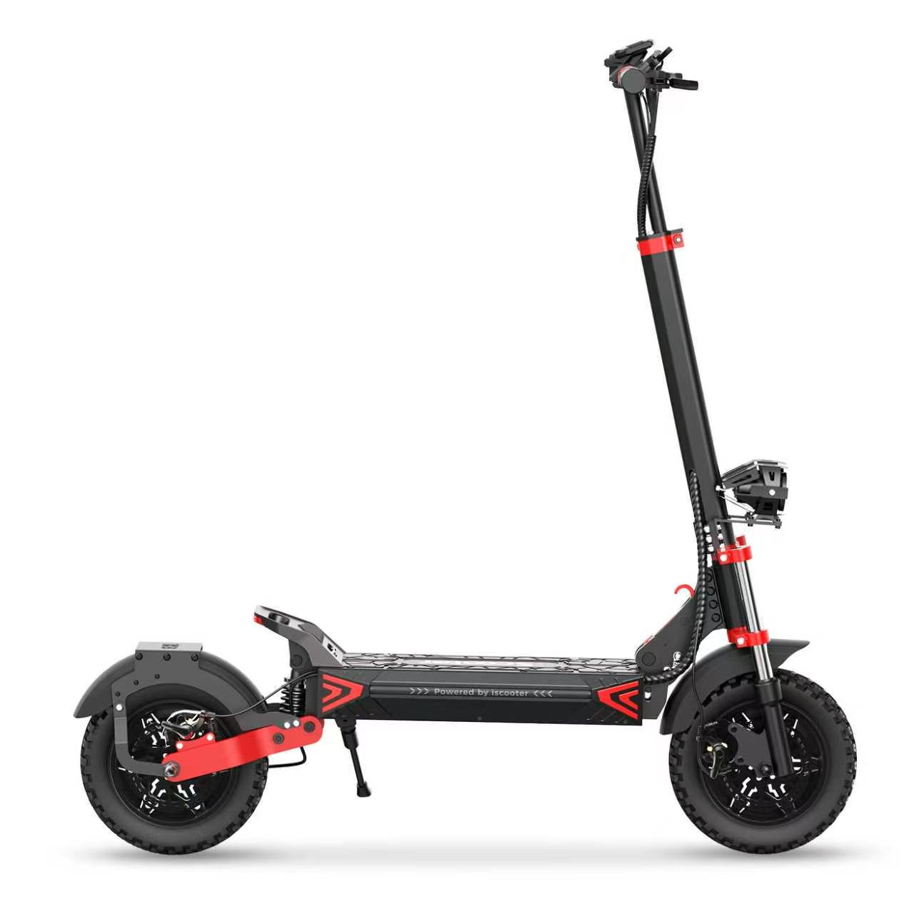 Monopattino elettrico nero con accenti rossi, pneumatici grandi e faro.