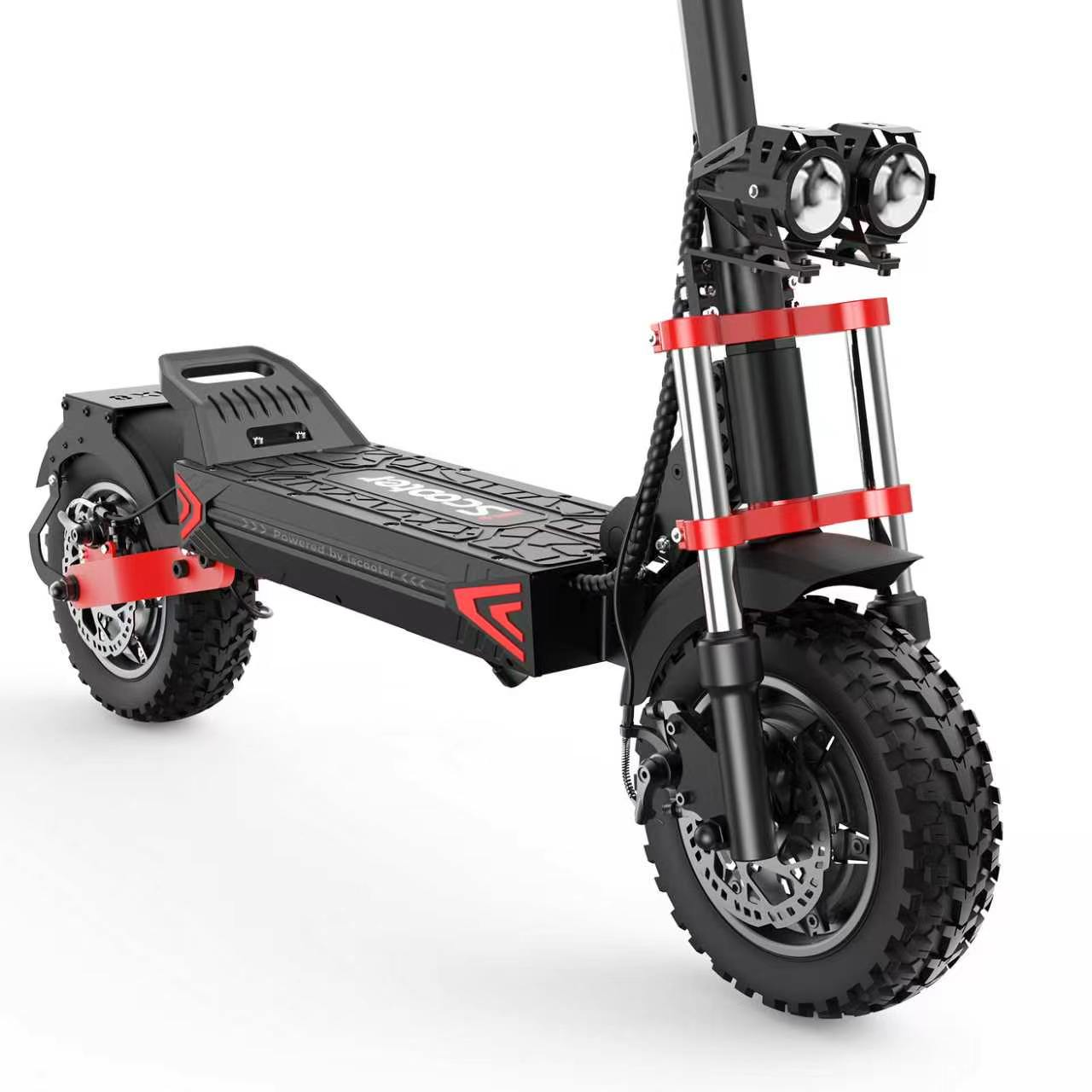Uno scooter elettrico nero con accenti rossi e pneumatici robusti.