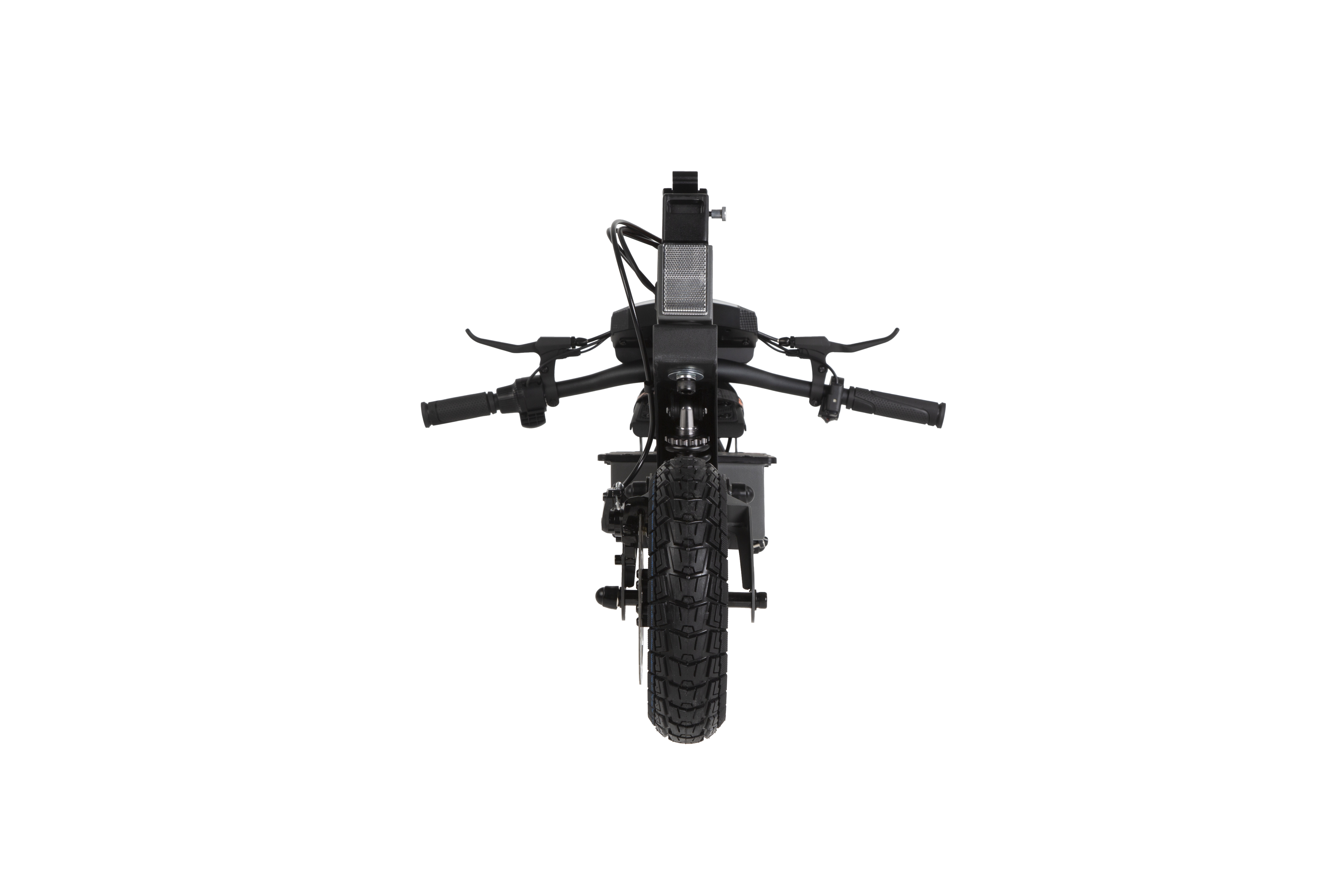 Vista frontale di uno scooter elettrico nero con ruota, manubrio e faro.