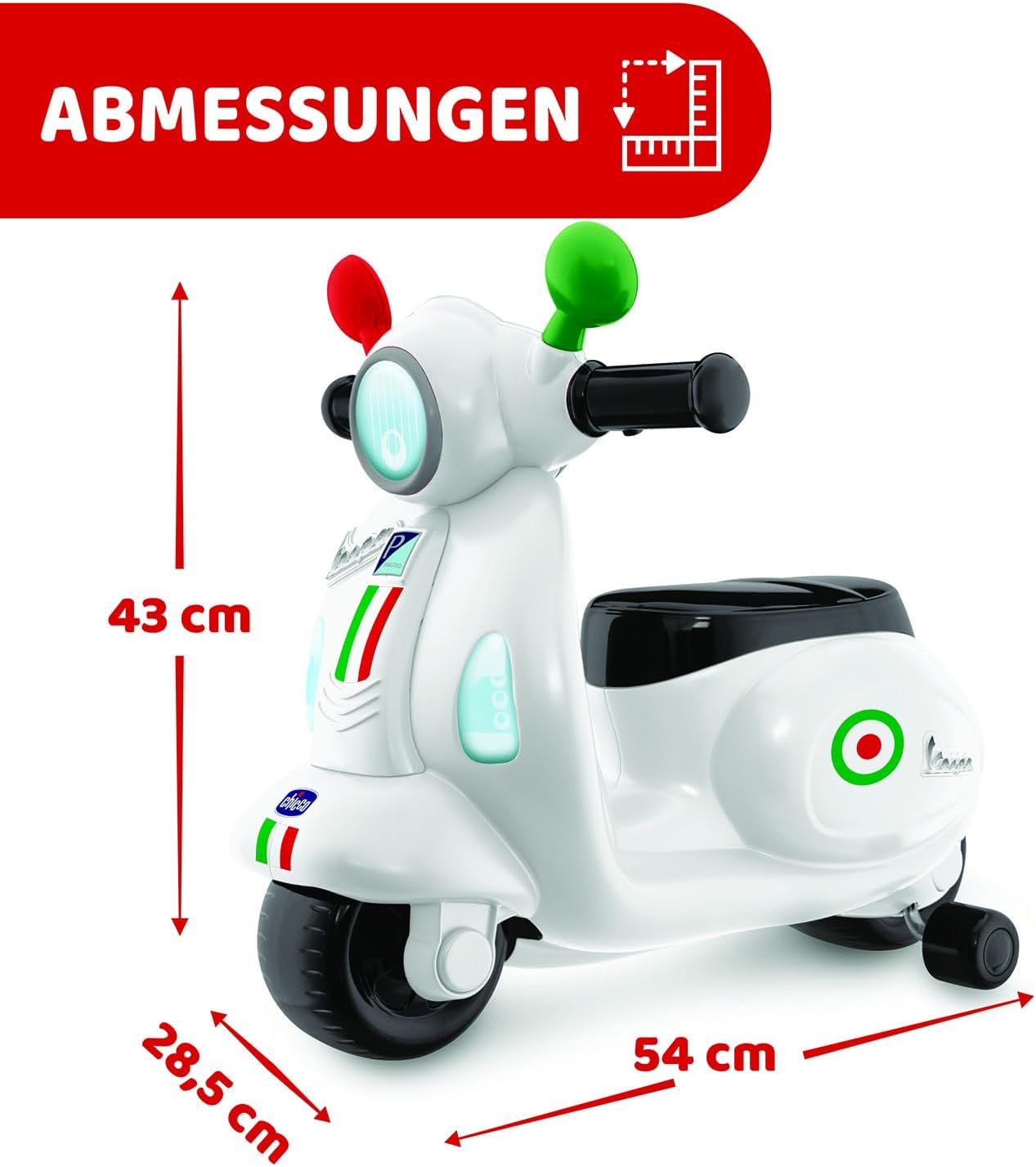 Un monopattino per bambini bianco con adesivi tricolore e dimensioni.