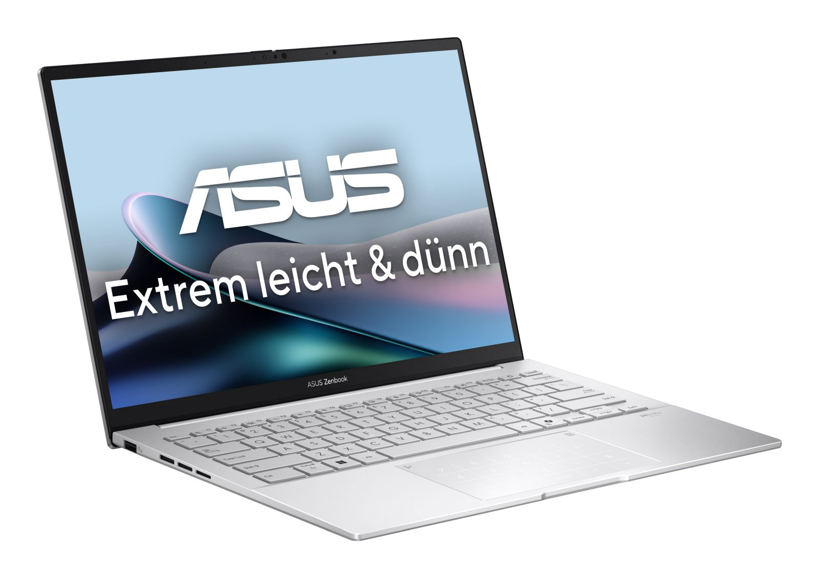 Ein offener, silberner Asus Zenbook Laptop mit beleuchteter Tastatur und Touchpad.