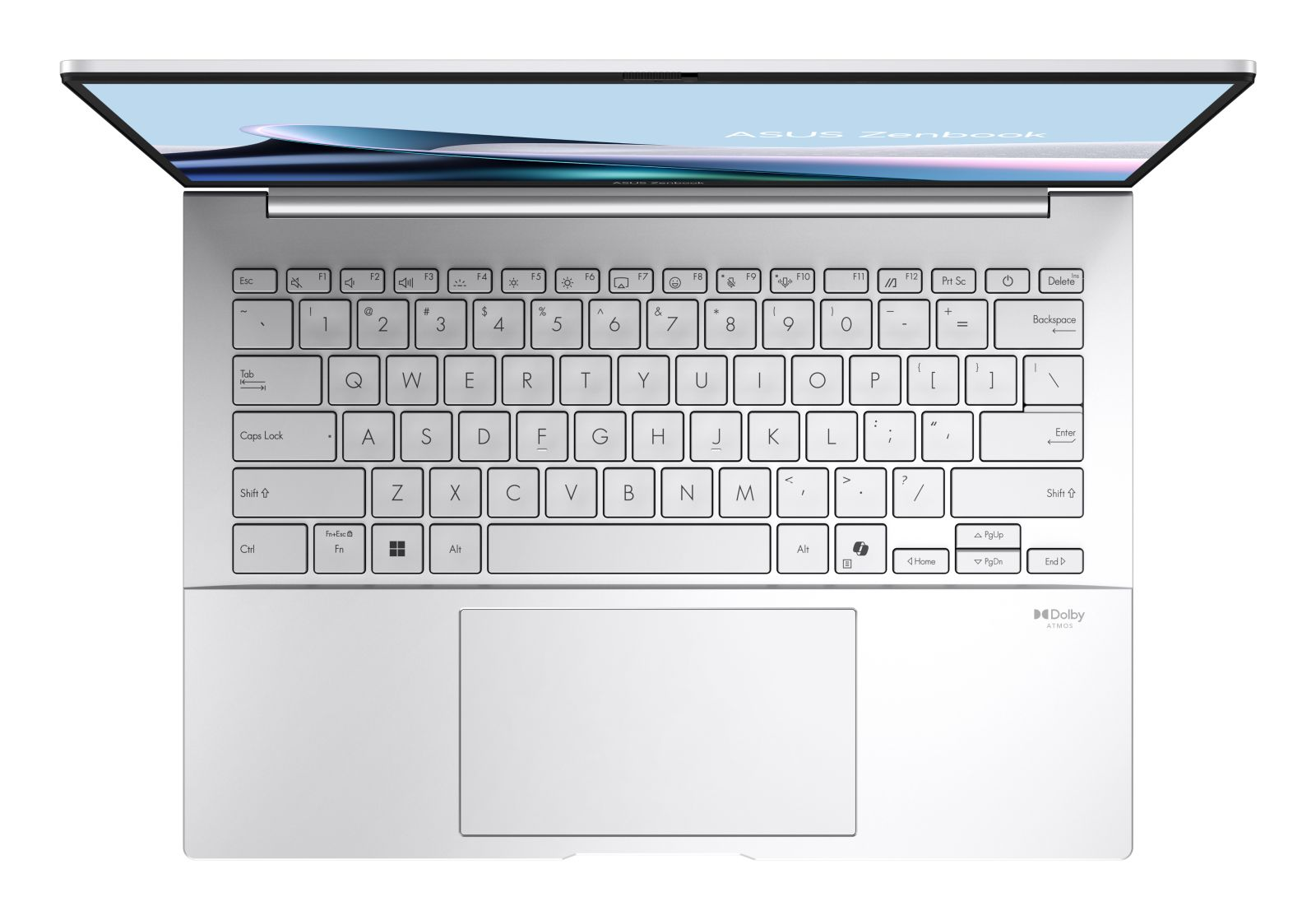 Ein geöffneter, weißer ASUS Zenbook Laptop mit Tastatur und Touchpad.