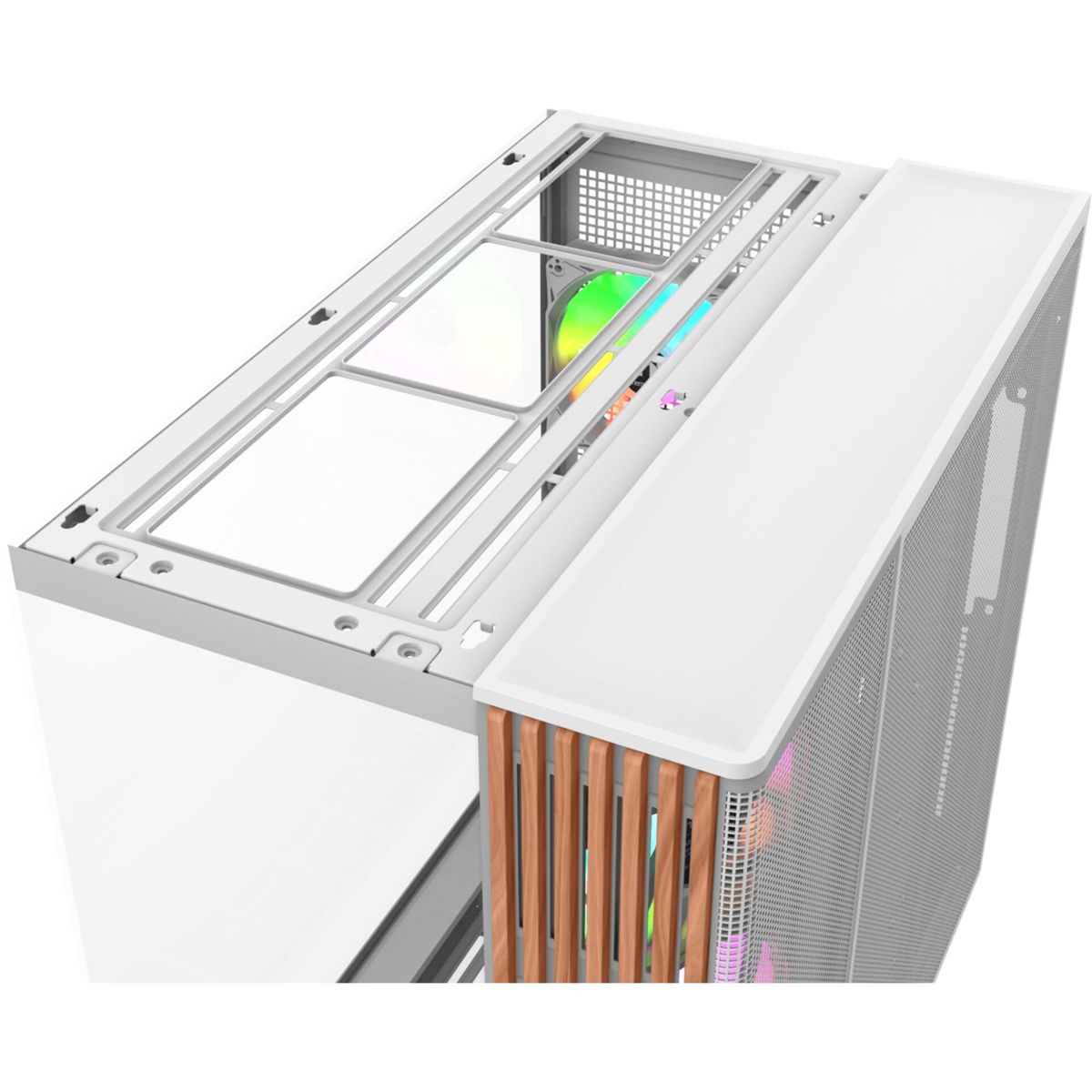 Ein weißes Computergehäuse mit Lüftern und Holzverkleidung.