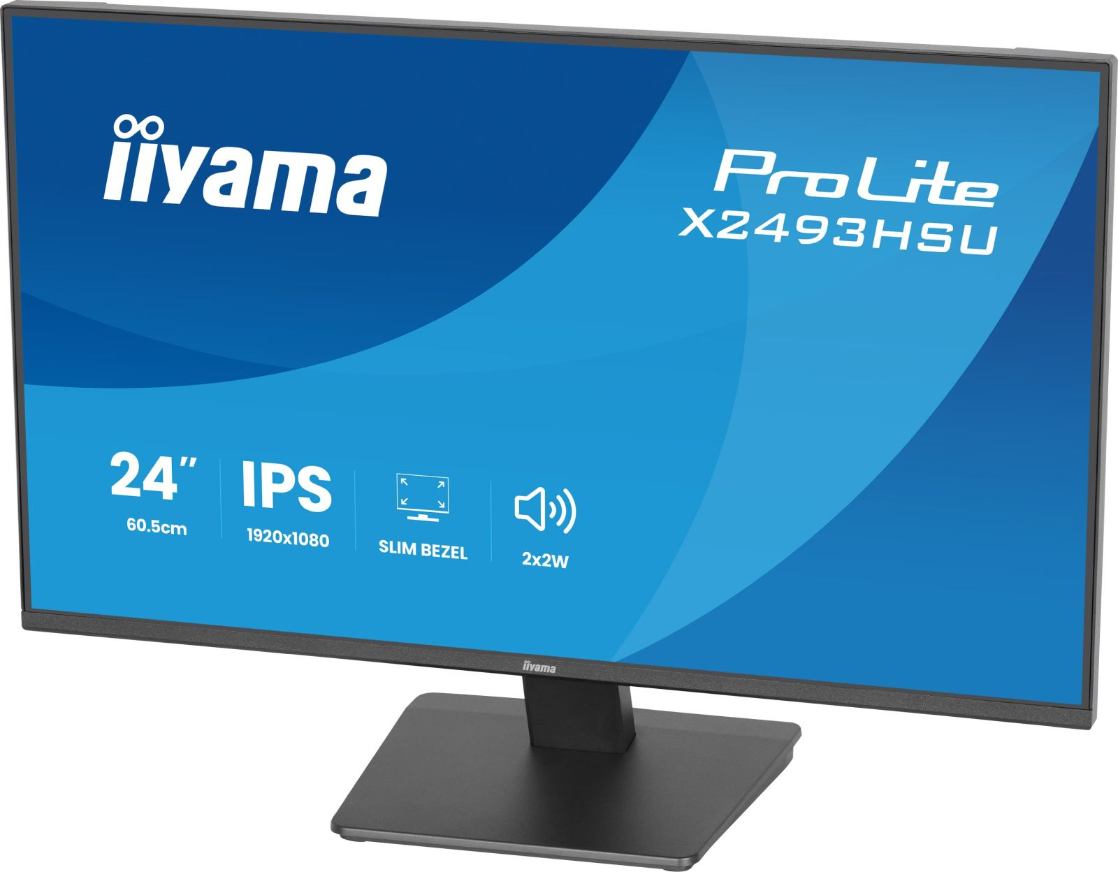 Czarny monitor Iiyama z niebieskim ekranem wyświetlającym białe dane tekstowe.