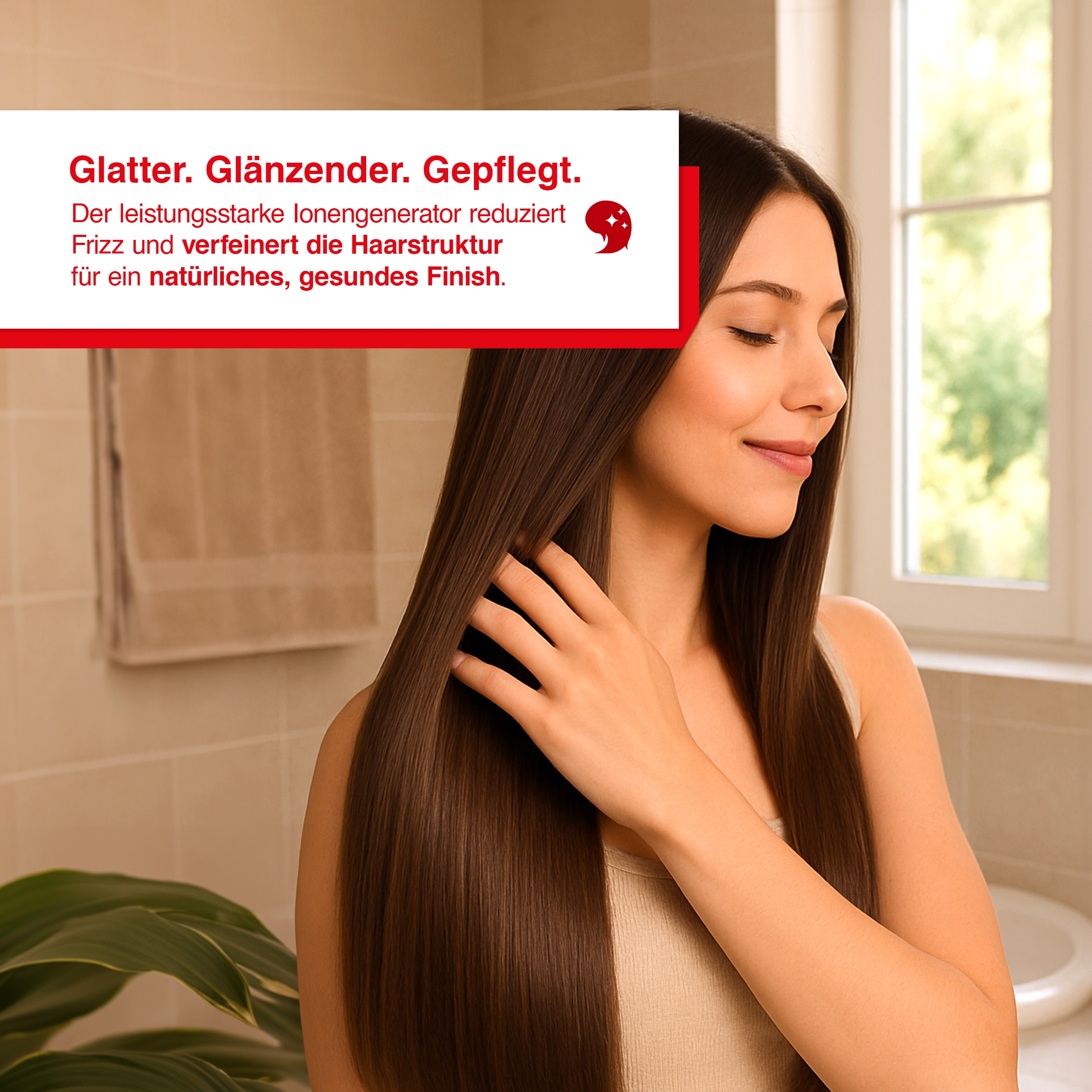 Frau mit langen, glatten Haaren, die sich mit der Hand durchfährt. Text im Bild.