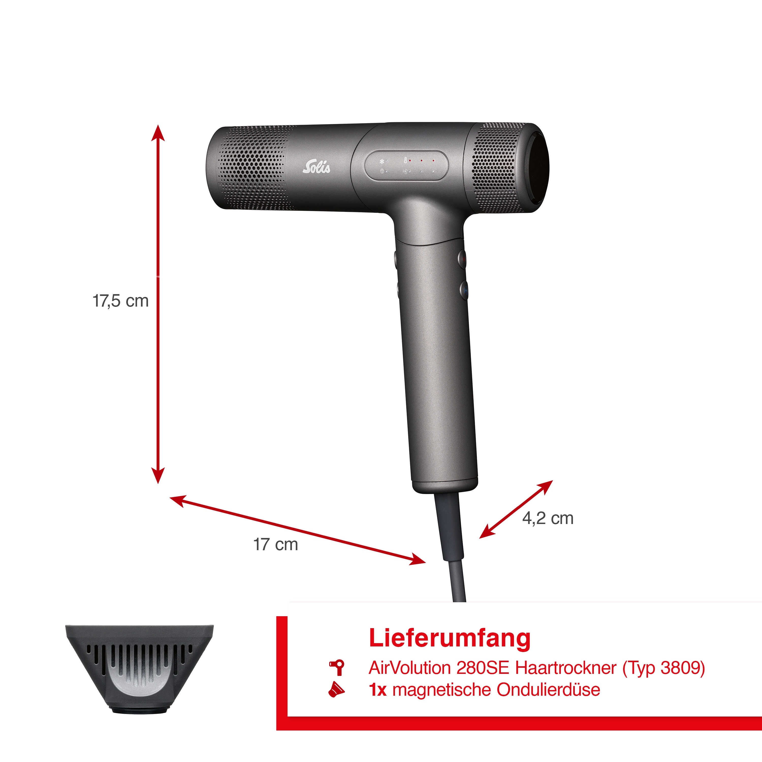Ein grauer Solis Haartrockner mit Zubehör und Maßen.