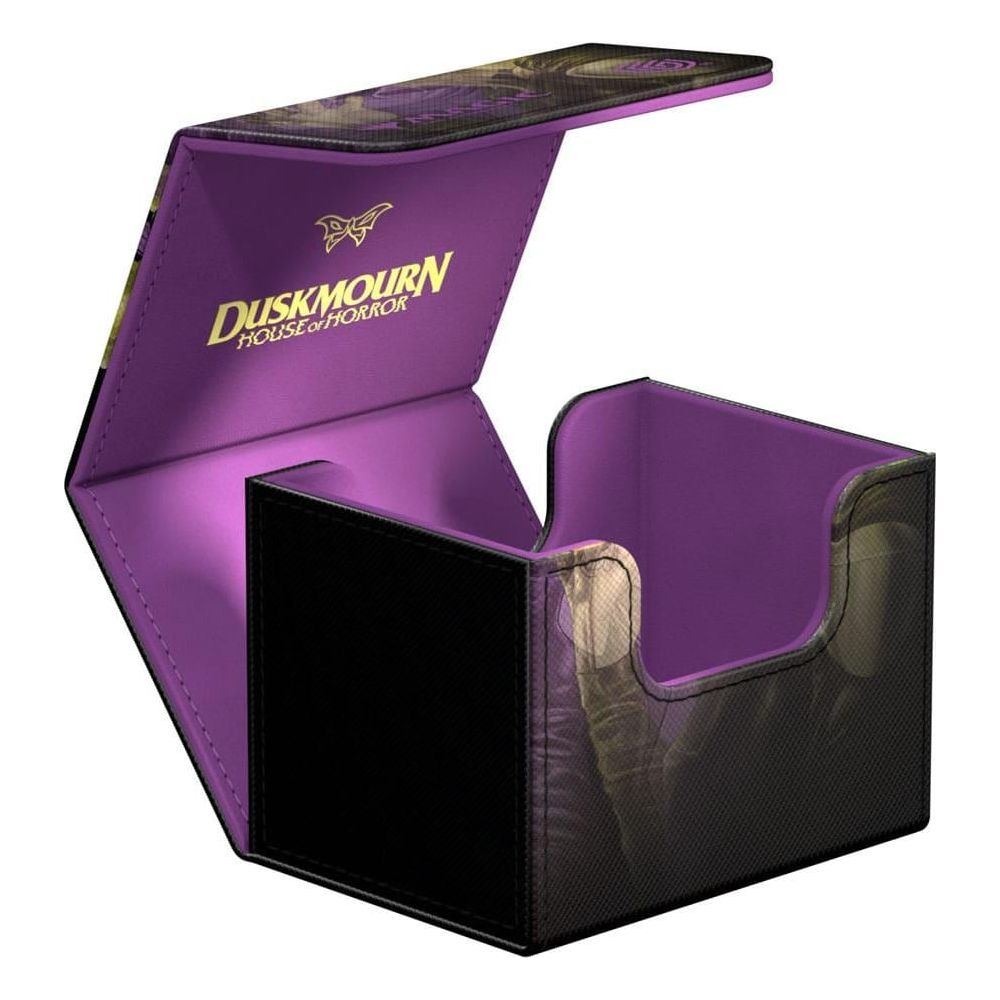 Boîte à cartes noire avec intérieur violet et logo "Duskmon".