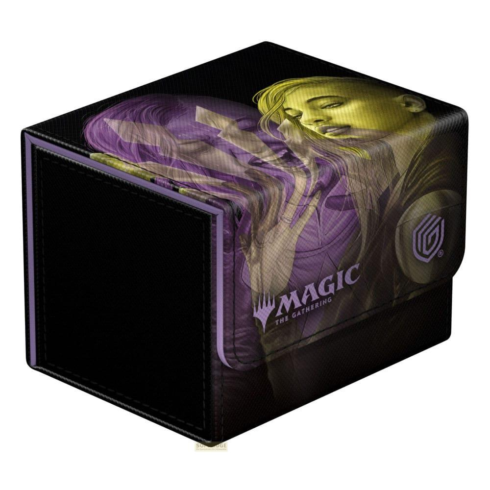 Boîte de deck noire Magic The Gathering avec visages et symboles violets et jaunes.