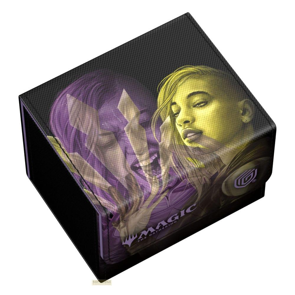 Boîte noire avec art Magic The Gathering : deux visages, un violet, un jaune.