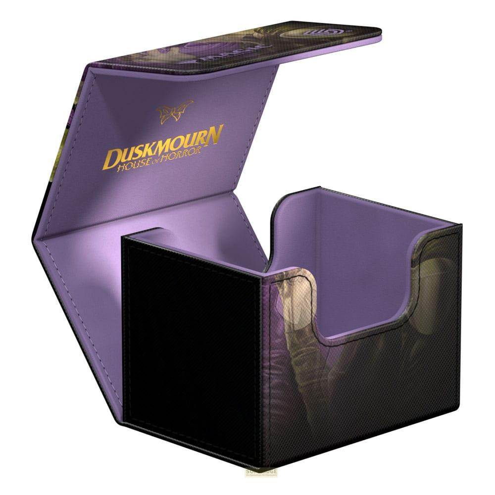 Une boîte porte-cartes ouverte, noire et violette, avec le texte "Duskmoon House of Horror".