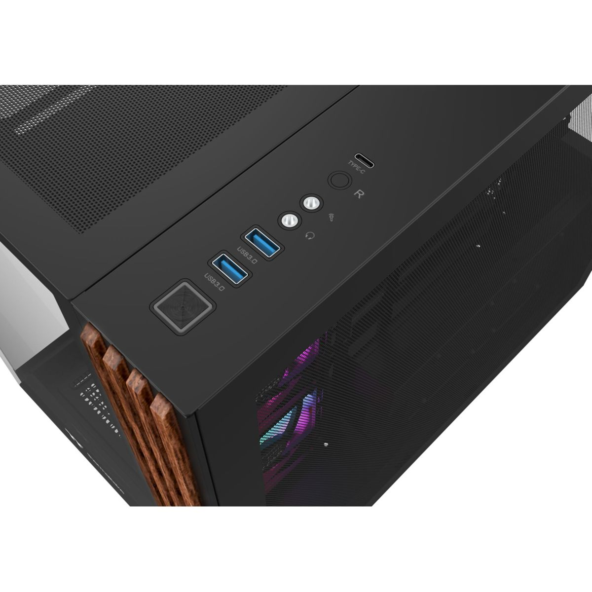 Schwarzes PC-Gehäuse mit Holzverkleidung, USB-Anschlüssen und RGB-Beleuchtung.