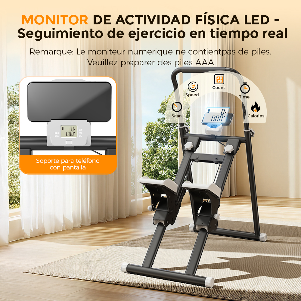 Máquina de ejercicio en casa con monitor digital que muestra velocidad, cuenta, tiempo y calorías.
