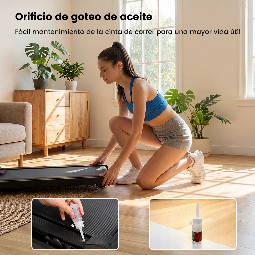 Mujer aceitando cinta de correr con botella de aceite, primeros planos.