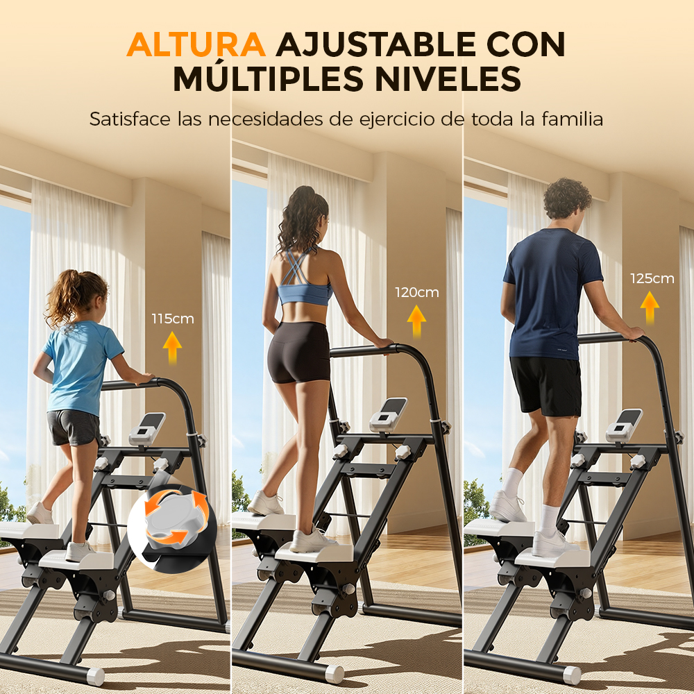 Un niño, una mujer y un hombre en un stepper a diferentes alturas.