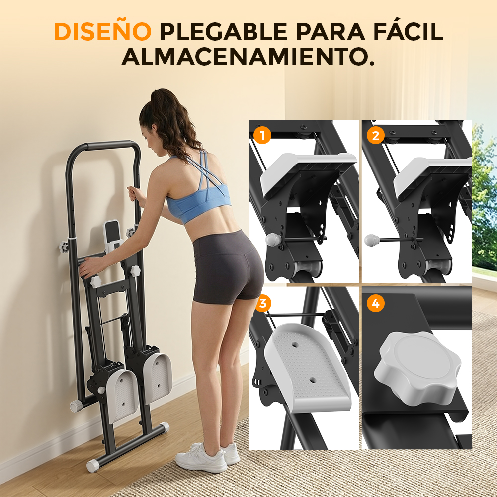Una mujer se ejercita en una máquina de fitness plegable para el hogar.
