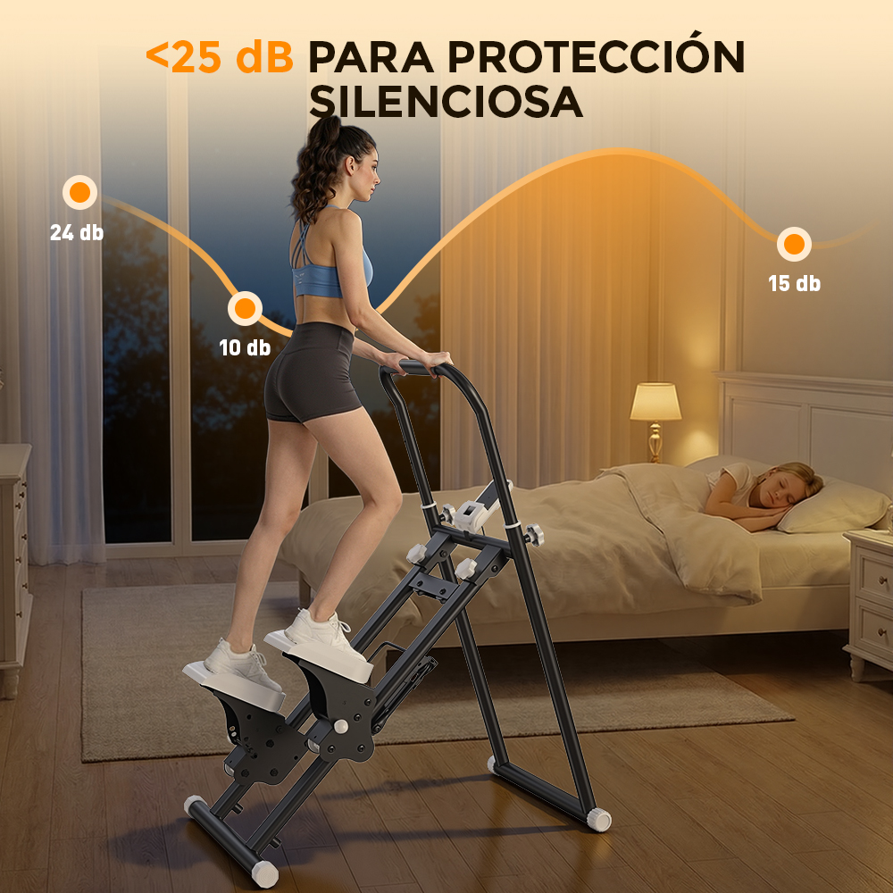Mujer en stepper en dormitorio, junto a persona durmiendo. Indicador de ruido.