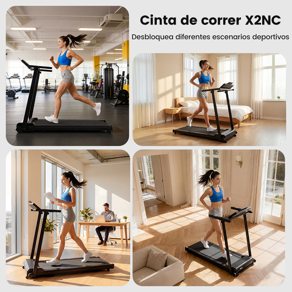 Cuatro escenas: mujer en cinta en gimnasio, dormitorio, oficina, sala.