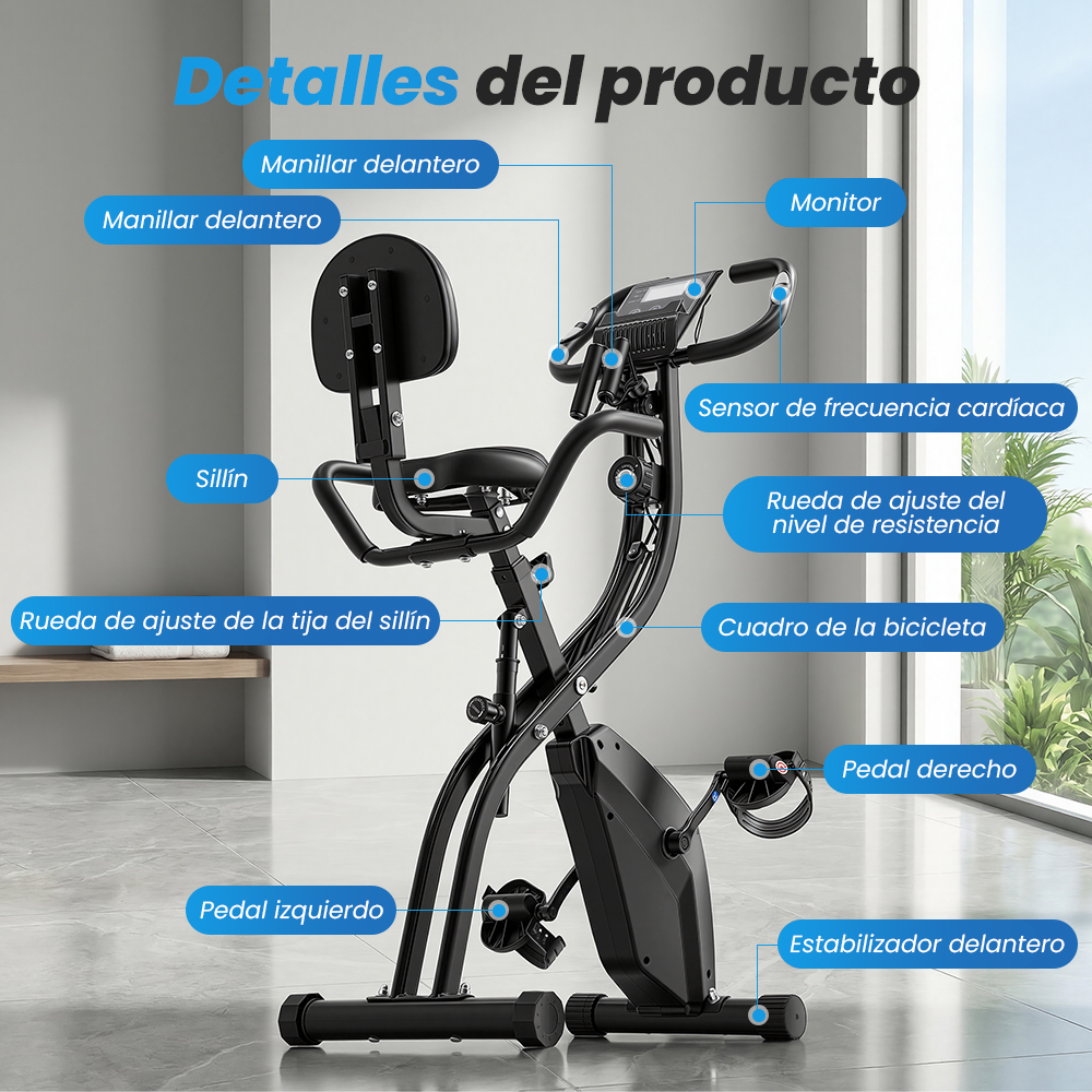 Una bicicleta estática plegable negra con etiquetas para manillar, monitor y asiento.