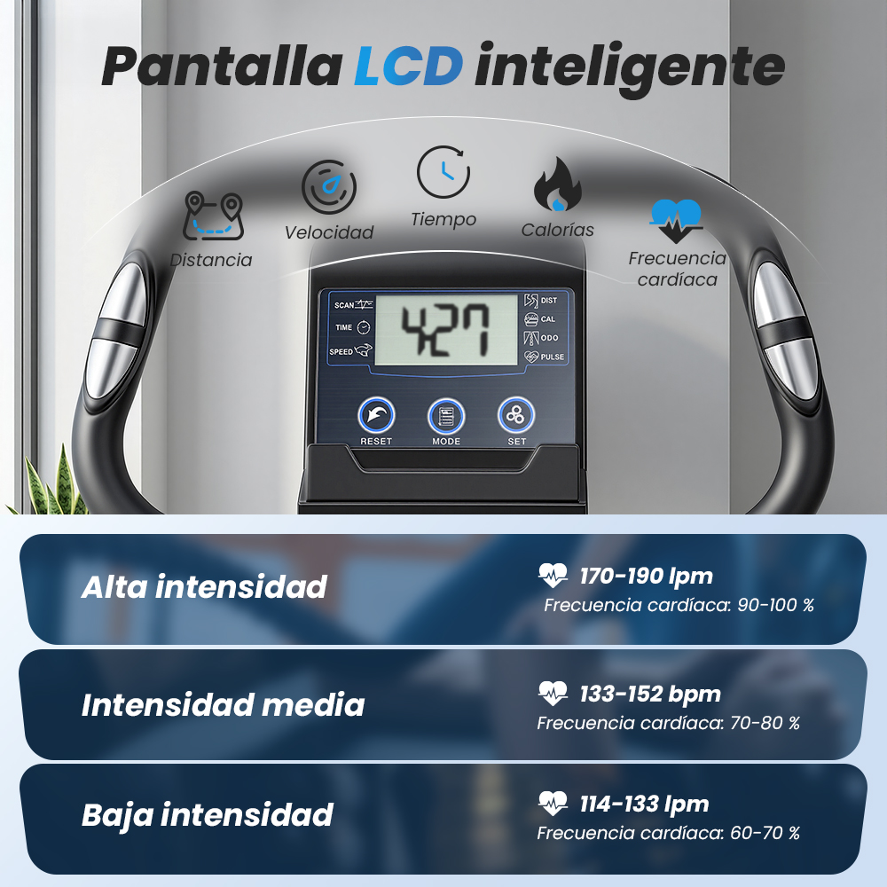 Pantalla LCD inteligente muestra frecuencia cardíaca, velocidad, tiempo y calorías.