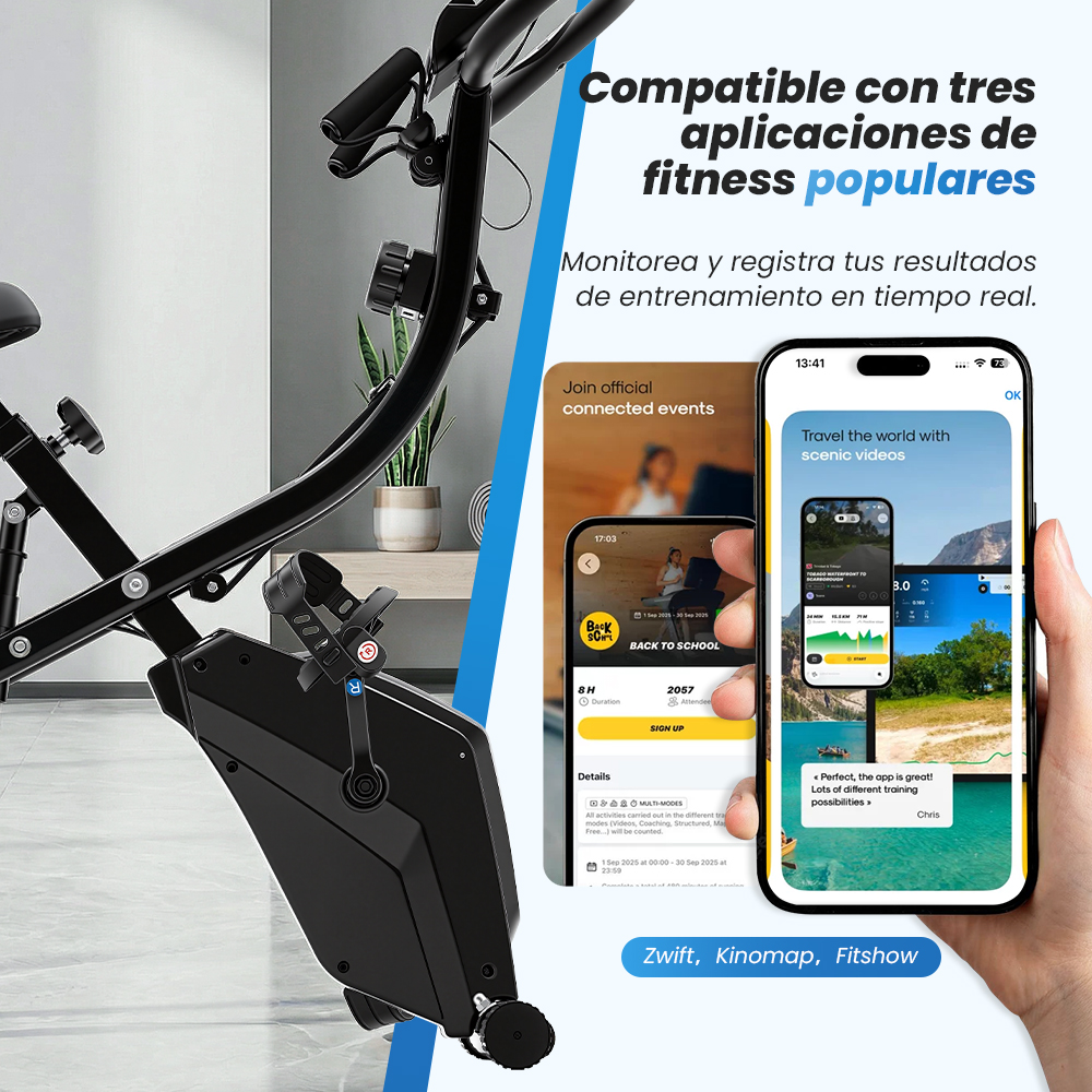 Detalle de bicicleta estática negra con un smartphone mostrando apps de fitness.