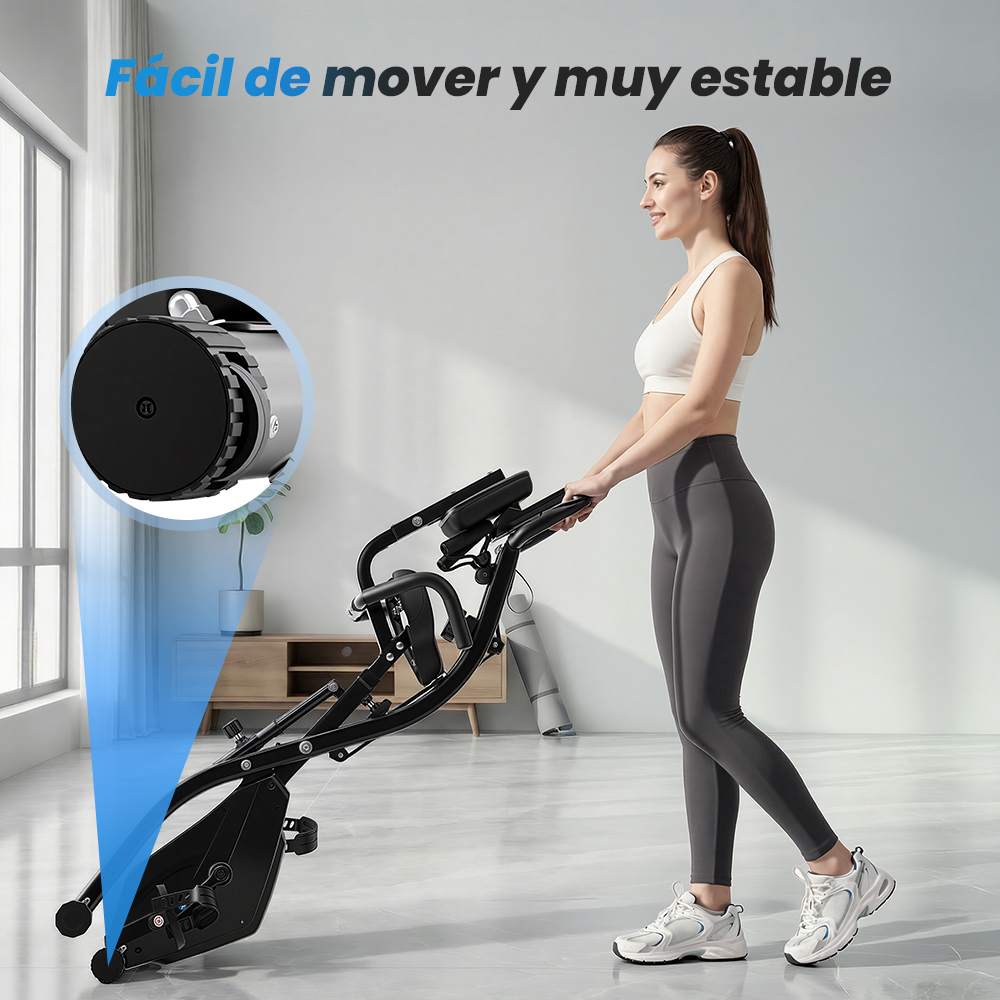 Una mujer empuja una bicicleta estática plegable negra en una sala luminosa.