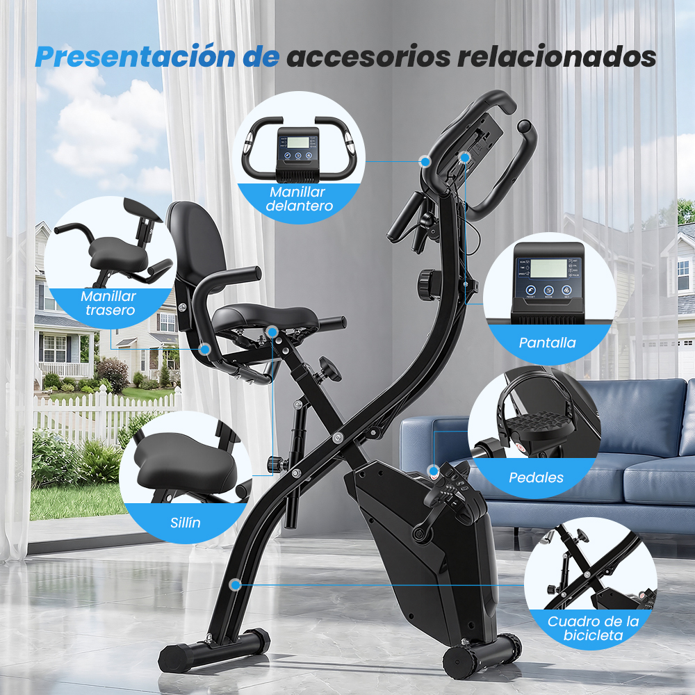 Una bicicleta estática plegable negra con etiquetas que señalan sus partes.