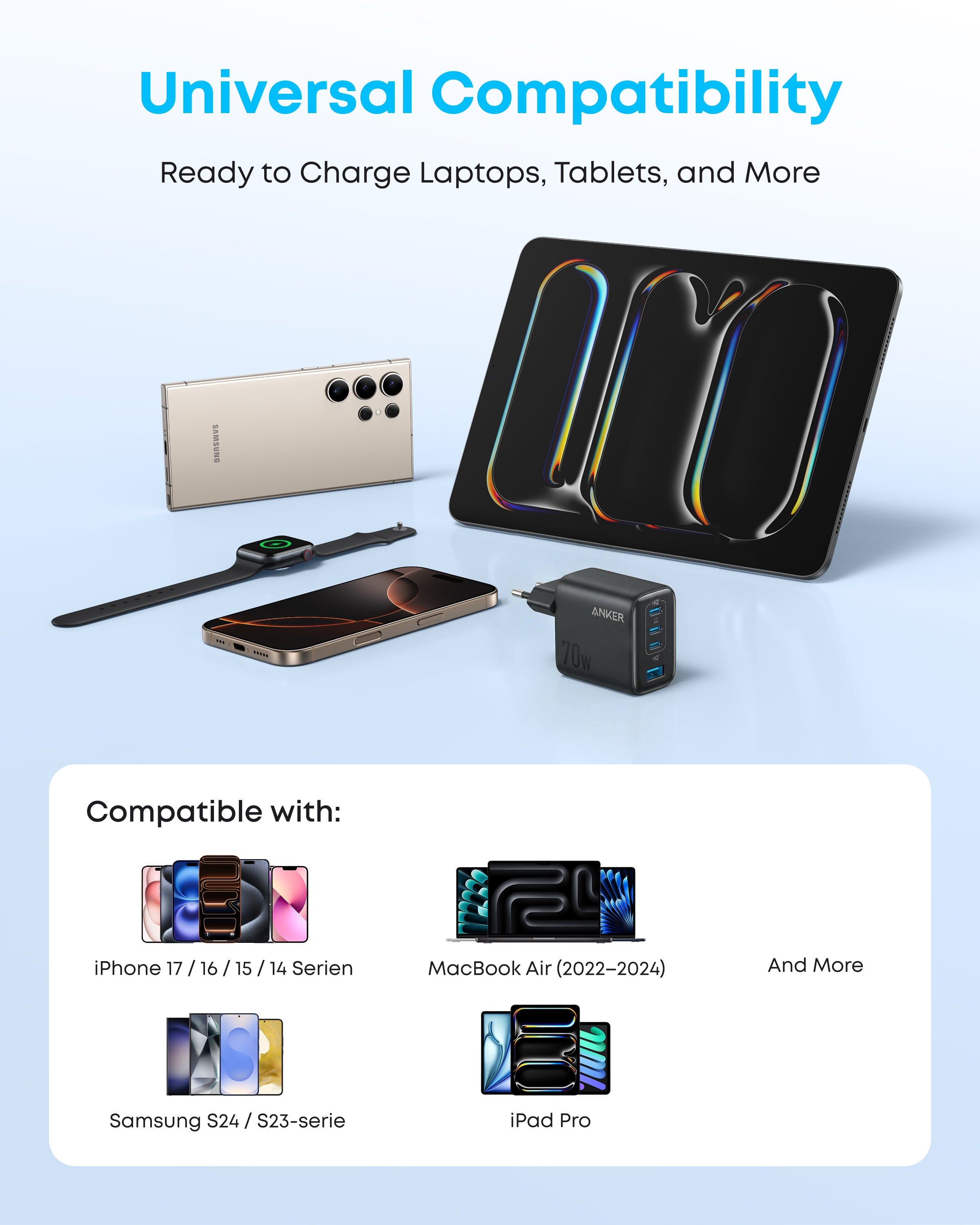 Un telefono Samsung dorato, smartphone, smartwatch e caricabatterie.