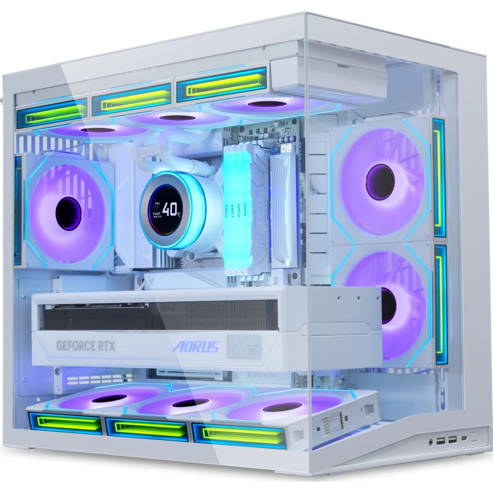 RGB fanlı beyaz bilgisayar kasası, AORUS GeForce RTX ekran kartı ve sıvı soğutucu.