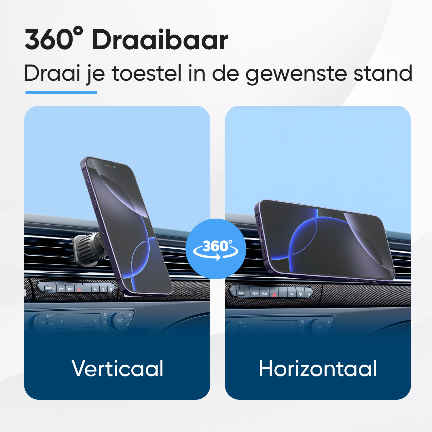 A car phone mount shows a phone vertically and horizontally.