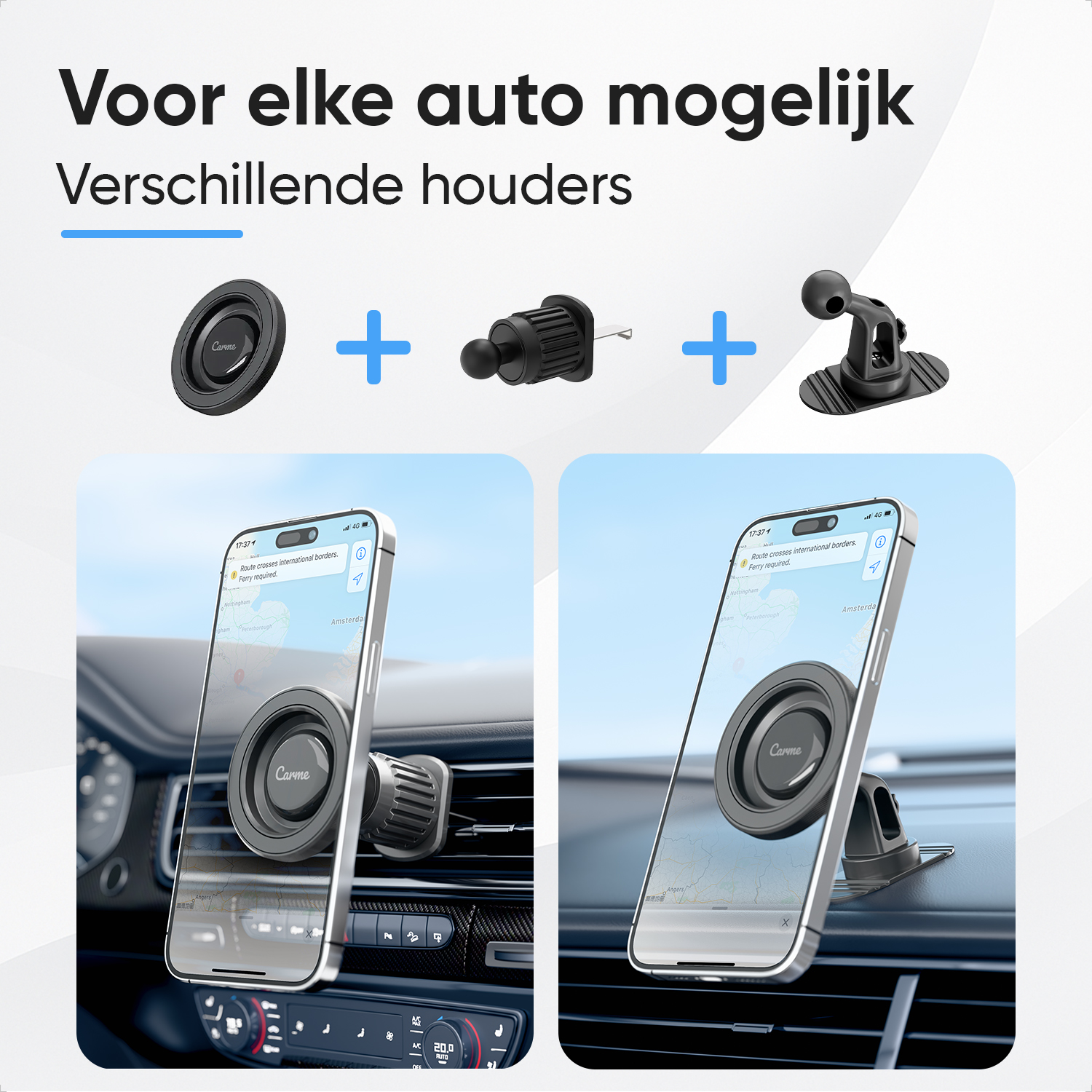 Three car mount attachments and two phones mounted in cars.