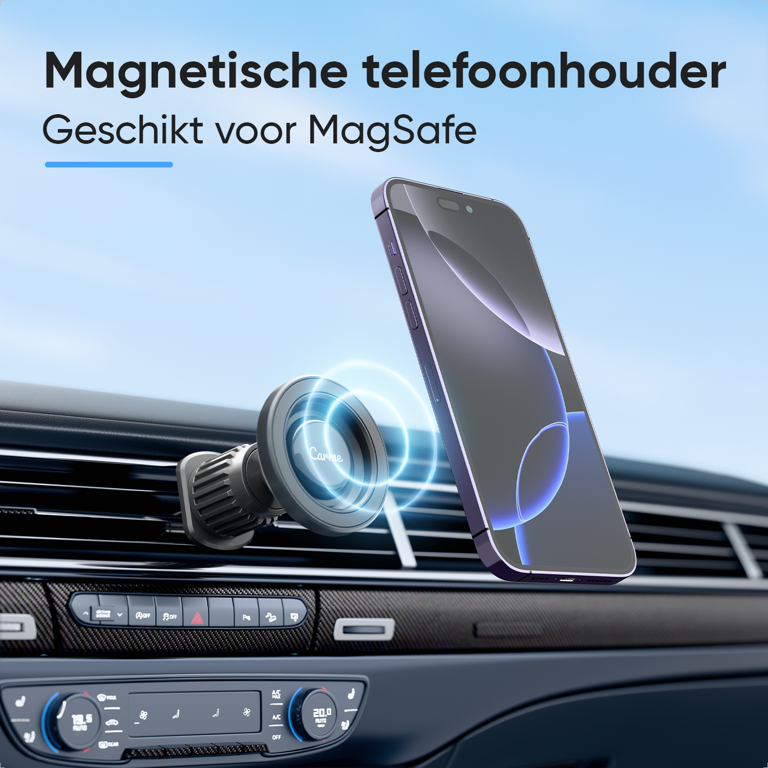 A magnetic car mount attached to an air vent, with a smartphone.