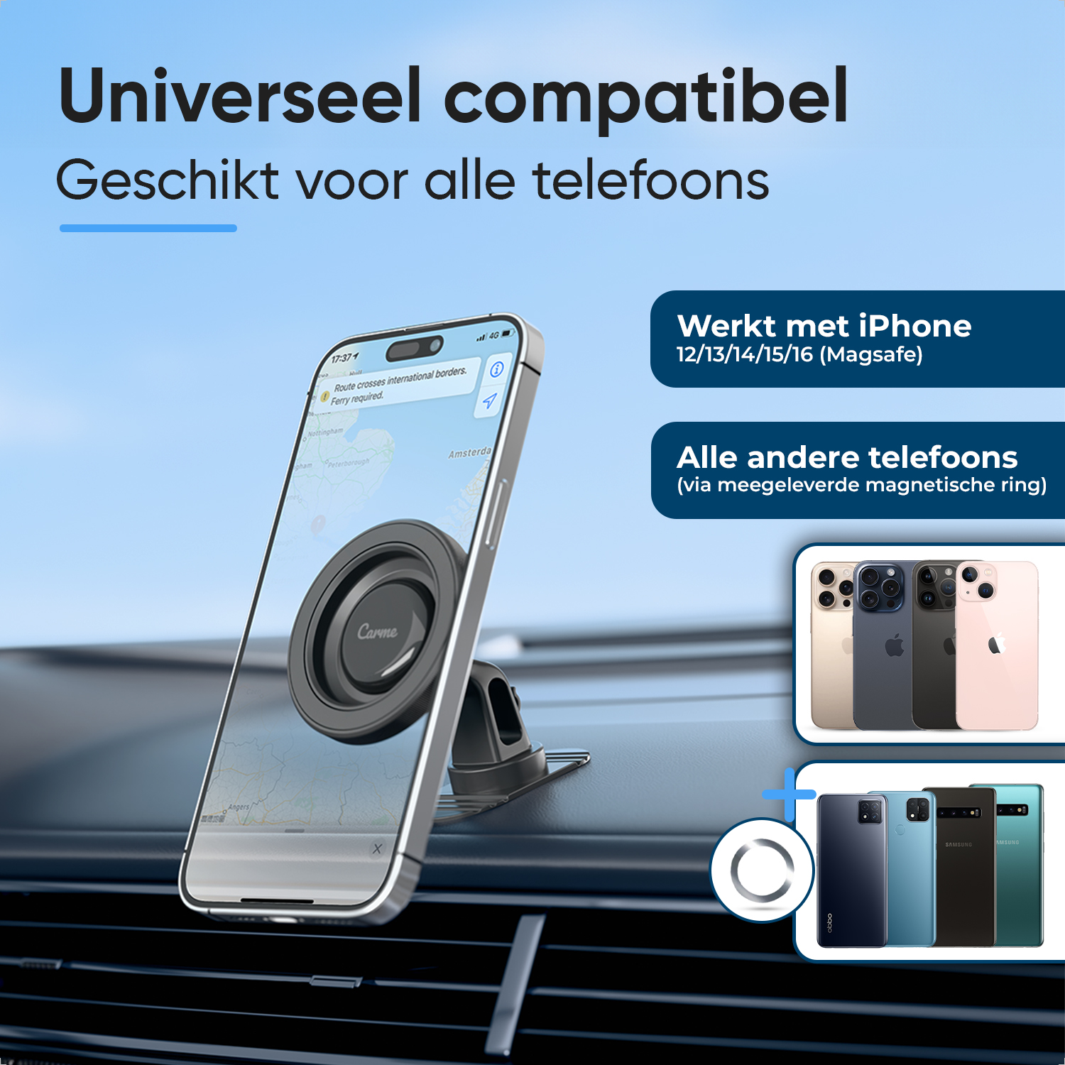 Car phone mount showing iPhones and Android phones. Universally compatible.