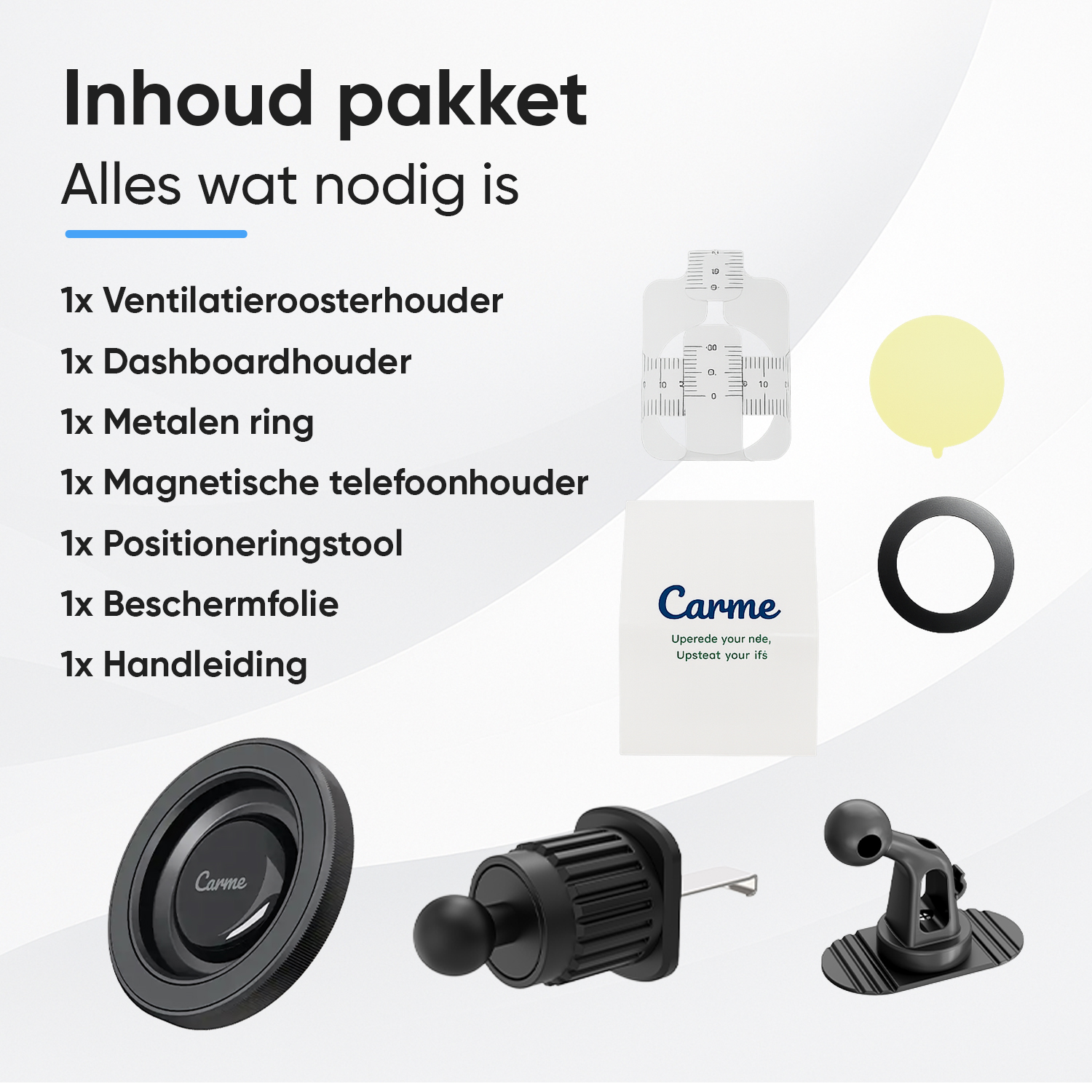 Carme package contents: vent mount, dash mount, metal ring, phone mount, tool, film, manual.