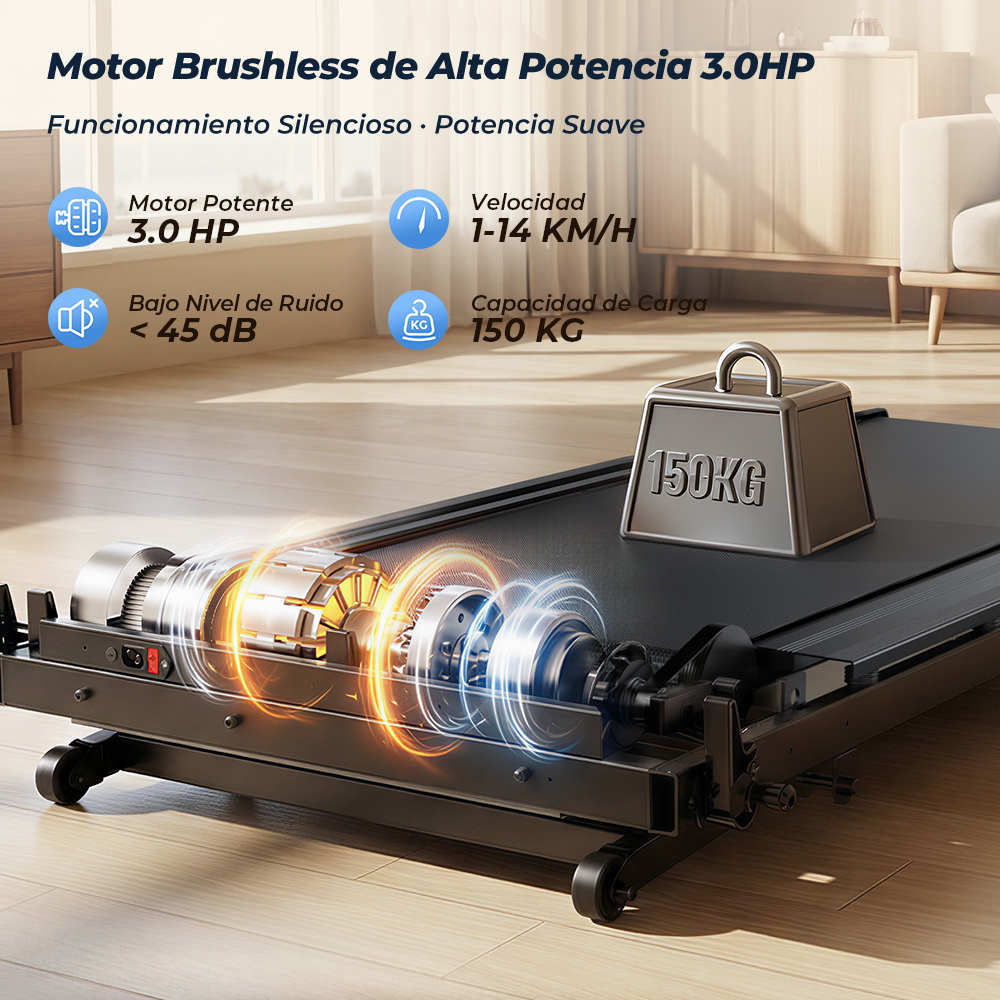Cinta de correr con motor 3.0HP, 1-14 km/h, capacidad 150kg.