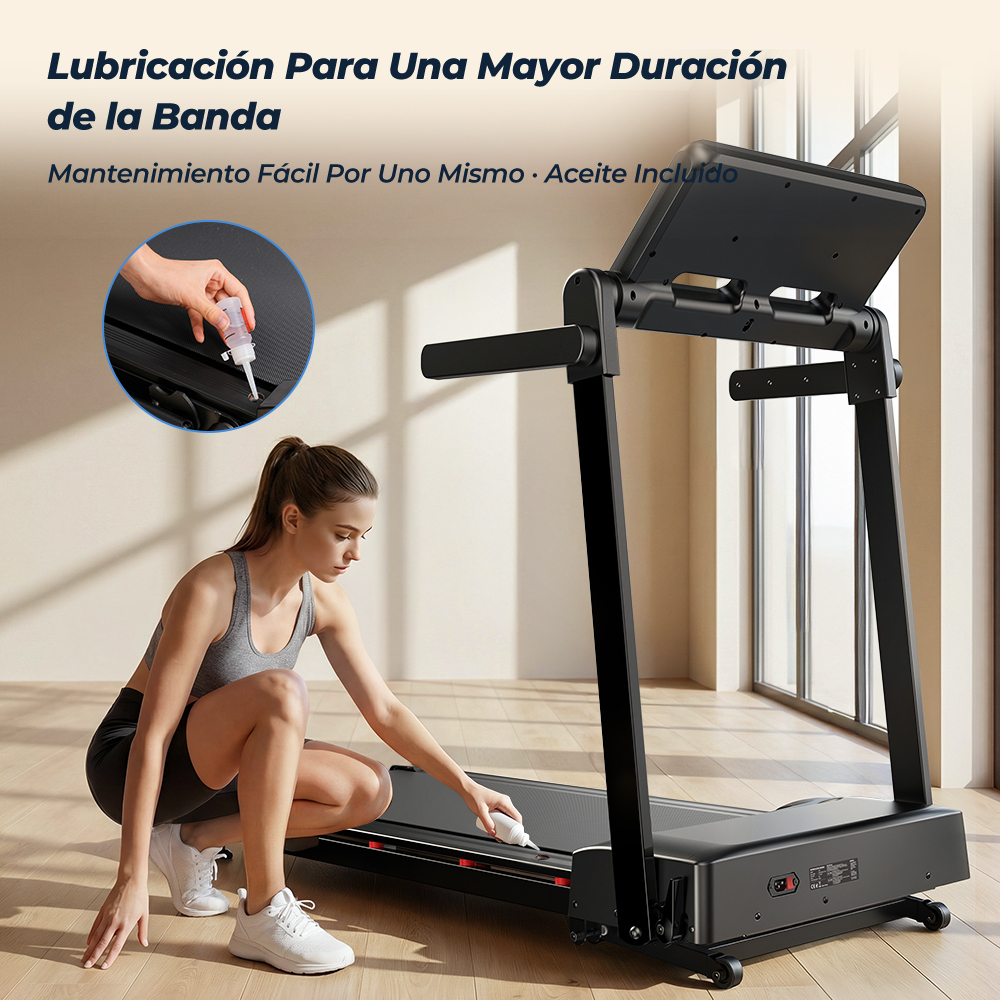 Mujer lubricando cinta de correr. Texto: Lubricación para mayor duración de la banda. Mantenimiento fácil.