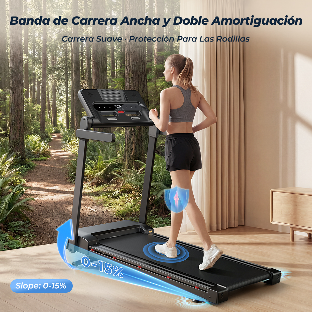 Mujer corre en cinta en bosque. Inclinación 0-15%.