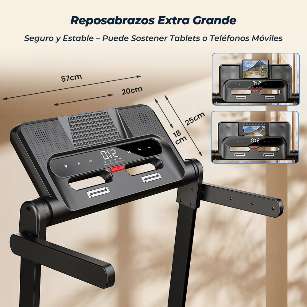 Detalle de consola de cinta de correr negra con dimensiones y soporte para teléfono/tableta.