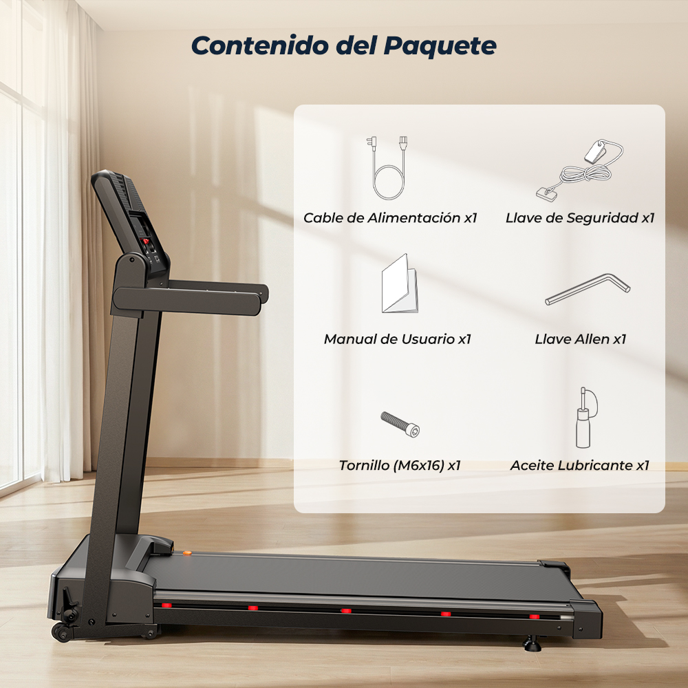 Una cinta de correr con accesorios ilustrados: cable de alimentación, llave de seguridad, manual, llave Allen.