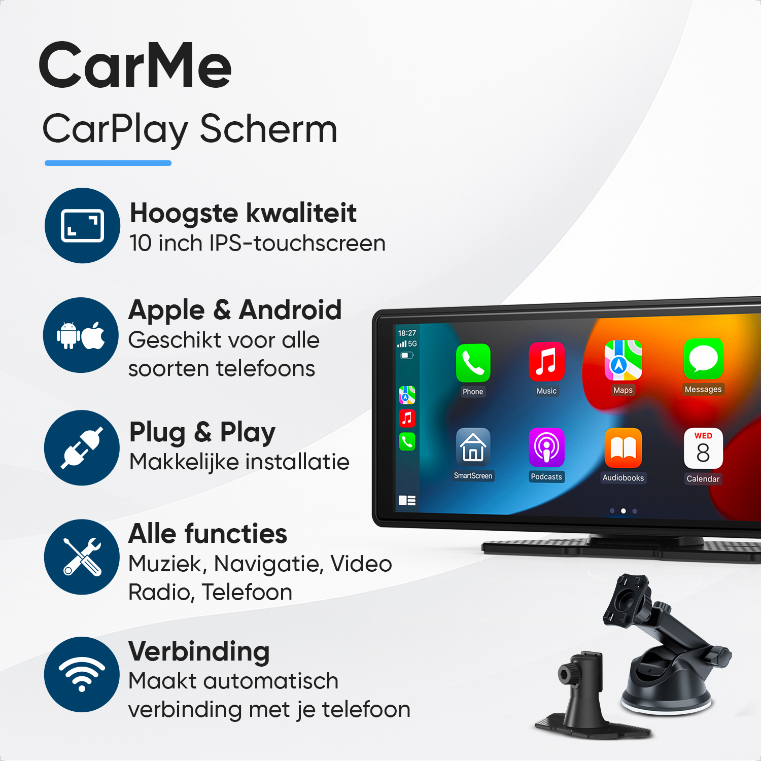 CarMe CarPlay screen with 10-inch IPS touchscreen, compatible with Apple & Android.