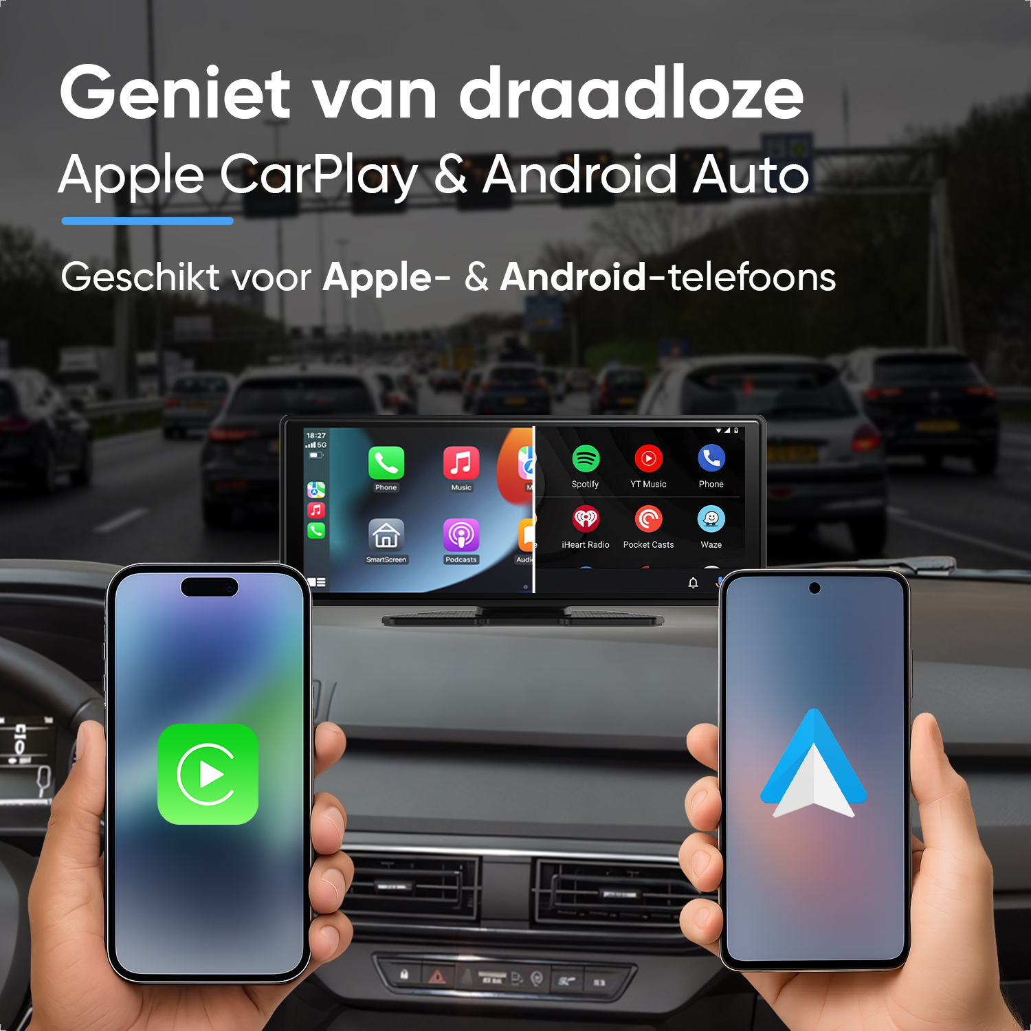 Two hands hold smartphones in front of a car infotainment screen on a highway.