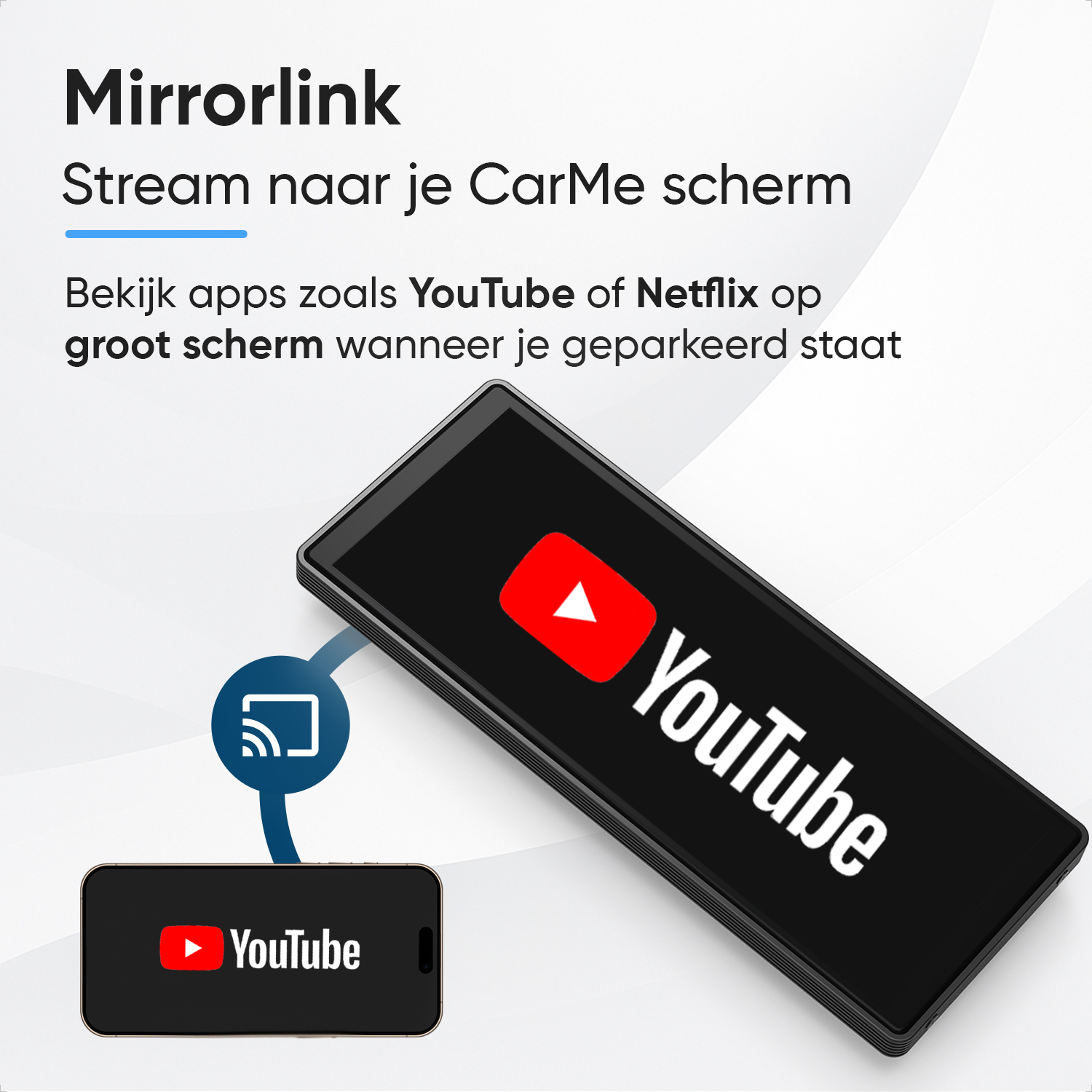 Two smartphones display the YouTube app. One mirrors to the other.
