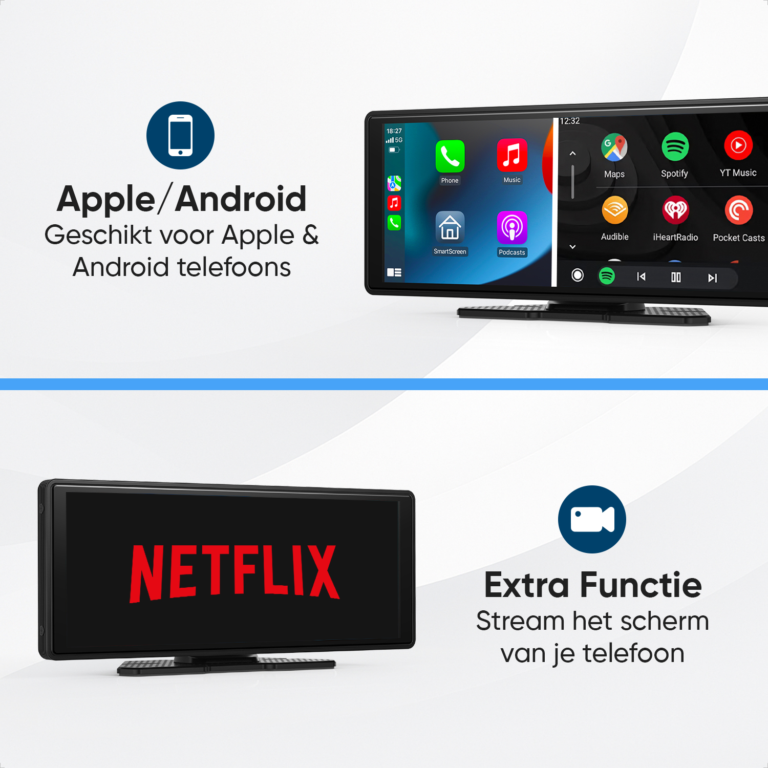 Car infotainment system with Apple/Android compatibility and Netflix feature.