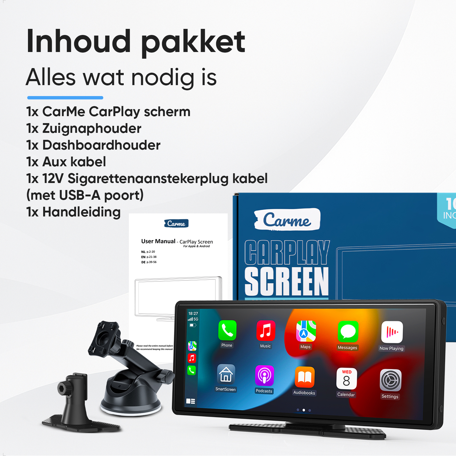 CarPlay screen, accessories, and manual in package