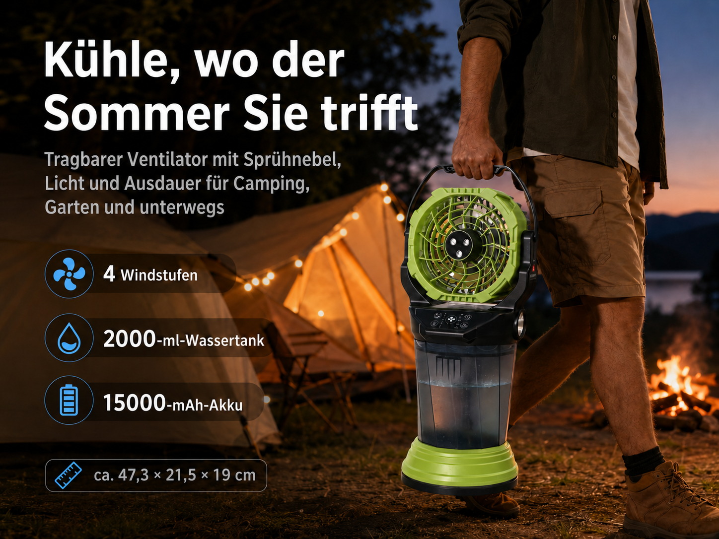 Ein Mann hält einen tragbaren Ventilator mit Sprühfunktion, 4 Stufen, 2L Tank.