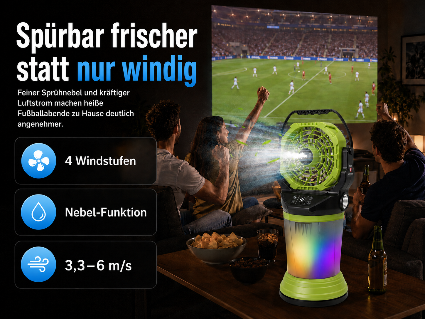 Ein Ventilator mit Nebelfunktion kühlt eine Gruppe von Freunden beim Fußballschauen.