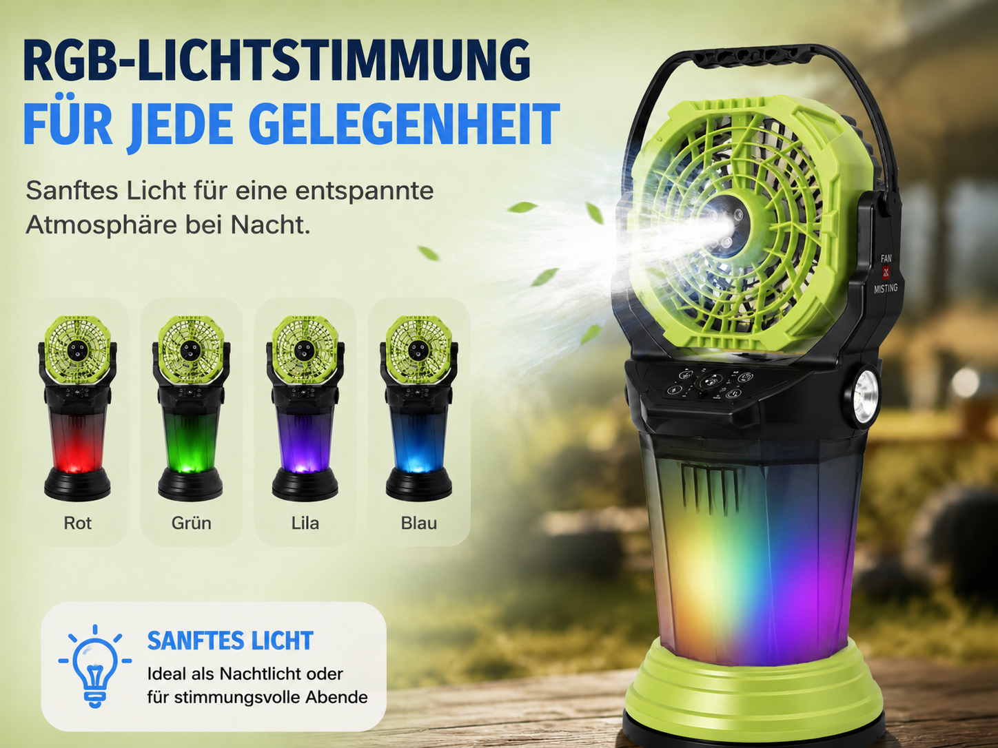Ein tragbarer Ventilator mit RGB-Beleuchtung und Nebelfunktion.